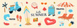 © Анна Чміль - A cute set of summer beach stickers. This tropical vacation collection features a surfboard, palm tree, watermelon, scooter, umbrella, camera, lounge chairs, and playful travel elements in a hand-draw