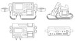© ai tekno koncept - Fetal monitor technical drawing blueprint with front side back and top views CAD line art vector illustration