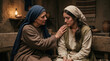 © Faith Stock Studio - Two women in ancient attire comforting each other. Biblical scene of support and empathy in a rustic interior