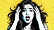 © Pete - Woman with dark hair holds her head in shock. Her mouth is open in a scream. Pop art comic style illustration with yellow and black colors. Retro graphic art with halftone dots and radial lines.