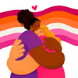© PNG Queen - Amor lésbico, duas mulheres se abraçando carinhosamente em frente a bandeira lésbica