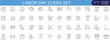 © Loosiniiii - Labor Day construction line icons set with worker tools, safety helmet, factory equipment, engineering symbols, industrial outline collection for web, app, print, UI and infographic editable stroke