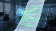 © Stitch - Glowing holographic brain scanning and analyzing a legal contract document in an office