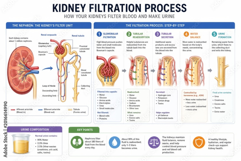 Kidney filtration process infographic showing nephron anatomy and step ...