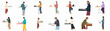 © Ricardo - Collection of flat vector illustrations showing young adults interacting with various computer hardware, gaming peripherals, and digital technology devices on a white background.