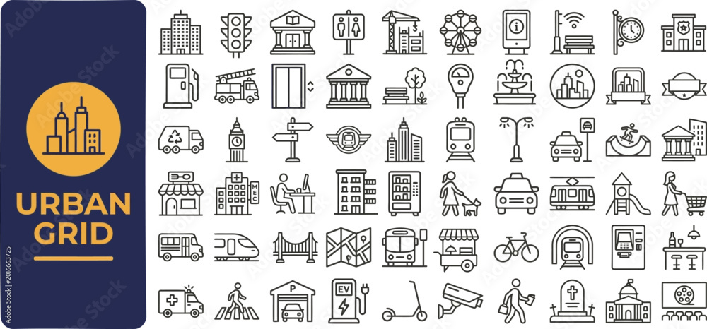 Urban Grid and City outline icon set. Featuring street, map, district ...