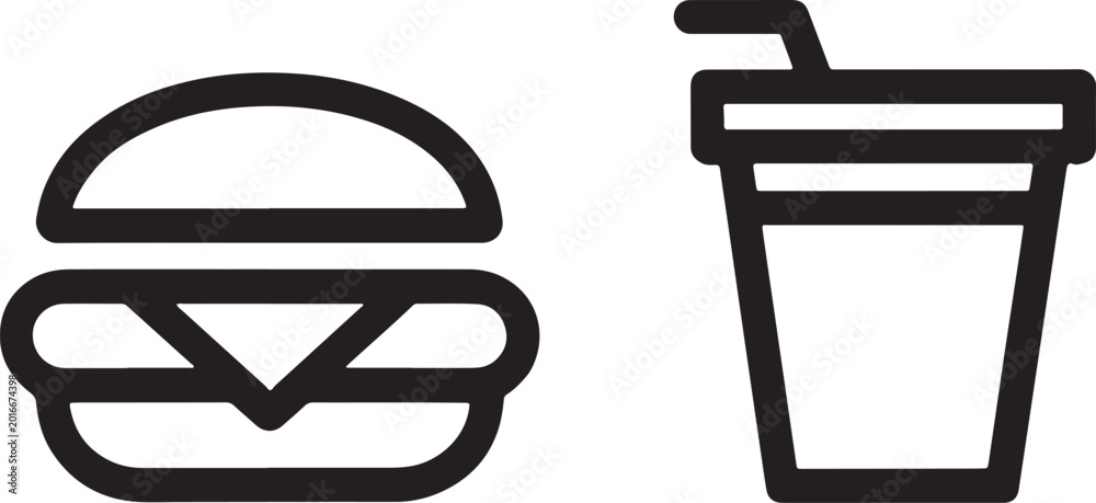 Black outline icons of a cheeseburger and a soda cup with a straw ...