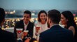 © Benjamin - group of friends toasting with wine glasses at rooftop bar with city night view