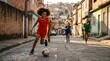 © BETTOVERSE - Happy young girl with an afro hairstyle playing soccer with friends in a narrow street of a Brazilian favela during a sunny afternoon