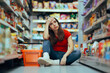 © nicoletaionescu - Exhausted Female Shopper Sitting On Floor With Empty Basket Outdoors. Frustrated woman feeling stressed out while looking at supermarket shelves