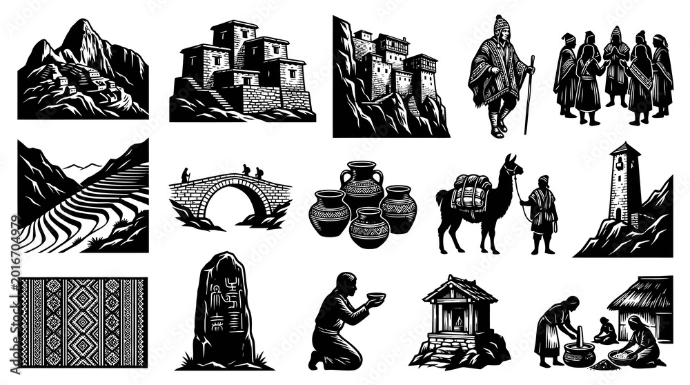 Vintage Black White Engraving Style Illustrations of Ancient Inca ...