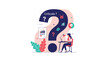 © Gias - Professional woman at a desk with a laptop facing a giant question mark with icons for analysis and critical thinking.