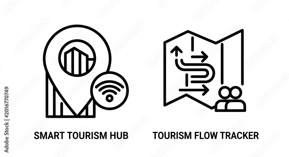 Smart tourism hub and tourism flow tracker icon set with location ...