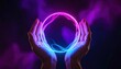 © herjunart - Mystical Orb Held Between Two Hands Glowing With Neon Light.