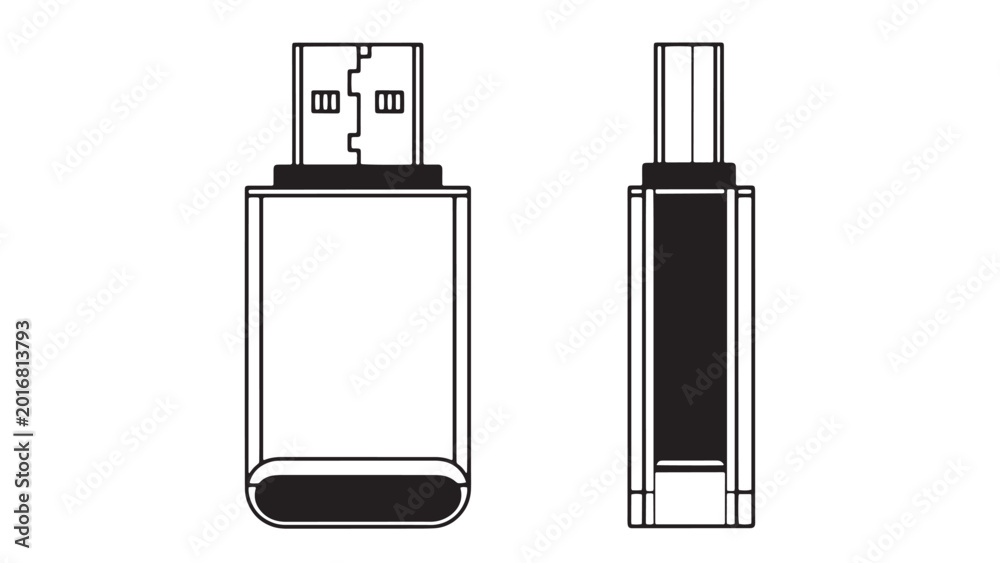 Isolated usb flash drive connector icon shown from front and side views ...