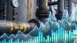 © Eve - Close up of industrial pipes and pressure gauges with digital financial graph representing utility costs and energy market fluctuations in heavy manufacturing facility.