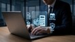 © Jo - Tax Law and Legal Compliance Concept: Lawyer on Laptop with Holographic Tax Forms, Audit Shield, Government Compliance, and Financial Data Icons