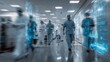 © Muntazim - Blurred scene of healthcare professionals in scrubs navigating a high-tech hospital environment.