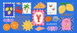 © Katerina - A set of summer stickers and stamps featuring the Amalfi Coast. Icons of a lemon, crab, lobster, and sun for vacation-themed postcards. Mediterranean vacation concept.