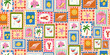 © Katerina - A pattern of colorful summer postage stamps featuring images of seashells, lemons, a palm tree, a tropical flower, and a cocktail. A collection of artistic icons themed around leisure and travel.