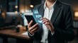 © AIPERA - Businessman holding smartphone with holographic KPI, role, and analytics icons. Business performance metrics and digital management concept.