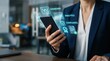 © AIPERA - Business professional holding smartphone with holographic dashboard, analytics, and compliance icons. Digital business intelligence and enterprise software management concept.