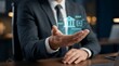 © AIPERA - Businessman holding holographic IBAN bank transfer icon with secure vault. Digital banking, international money transfer, and financial technology concept.