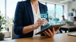 © AIPERA - Business professional with tablet using AI hologram interface showing analytics and workflow. Digital transformation and artificial intelligence automation concept.