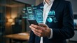 © AIPERA - Lawyer holding smartphone with holographic legal documents, contracts, and budget analytics. Legal technology, contract management, and compliance concept.
