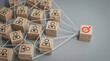 © Jagaveeran - White strings connect several wooden blocks with professional icons to a central red target. This layout represents a team unified by a singular objective.
