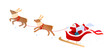 © Snug Squirrel - Weihnachtsmann auf einem Schlitten mit Rentieren und Geschenken, fliegend, isoliert