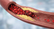© Jiraporn - Blocked blood vessel artery poor circulation risks heart health concept. Illustration of clogged artery with fatty deposits and red blood cells.