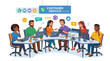 © Digital - Vector illustration of a diverse customer support team with headsets working collaboratively in a modern office setting with friendly expressions, in a flat cartoon style with clean lines