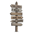 © helllo - Wooden directional signpost with multiple arrows pointing to Main Street, Beach, Hiking Trail, and Town Square.