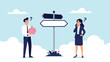 © Rimi - Two business professionals standing at a signpost with blank arrows and question marks signifies difficult decision making and confusion.