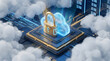 © MD - Padlock on a cloud icon over a computer processor chip