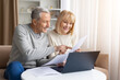© Anastasiya - Mature couple checking financial documents with laptop at home, discussing bills, happy senior spouses planning household budget together indoors