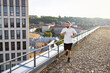 © sofiko14 - A bearded man in athletic wear jogs along a gravel rooftop with a railing, overlooking urban buildings and green hills under a bright sky