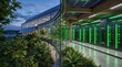 © Chiam - Smart data center green energy sustainable reliability concept. Modern data center architecture integrating nature and sustainability.
