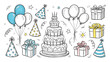 © Maestro - Sketchy birthday party celebration elements bundle with cake balloons hats and gifts for greeting cards and event decoration.