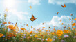 © bephoto - 広い空の余白に蝶と花畑が映える春の背景風景