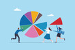 © Nuthawut - Market segment graph and chart diagram, analysis pie chart, growth statistic or marketing result presentation, optimization diagram, business people building percentage pie chart visual insight.