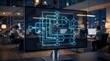 © Chiam - Workflow process programming streamline strategy software concept. A modern office with screens displaying advanced flowchart technology at night.