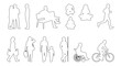 © MkJutt - Architectural CAD People Outline Vector Collection Featuring Mixed Top Front Side and Back Views Conversation Sitting Jogging Grocery Carrying Parent Child Wheelchair and Cyclist Figures