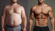 © iconic - A stark before-and-after comparison displays a man's significant body transformation from overweight with a soft physique to extremely muscular with defined abs and chest.