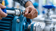 © Nataliya - Close-up of a plumber's hand repairing a centrifugal water pump motor during installation, plumbing maintenance concept, pump motor repair photography, industrial plumbing