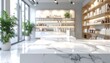 © yuttapoom - The white marble counter is empty, with the shelves of a cosmetics shop serving as a blurred backdrop.