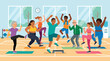 © Pramata - A diverse group of people of various ages and body types participating in a high-energy aerobics fitness class in a gym.