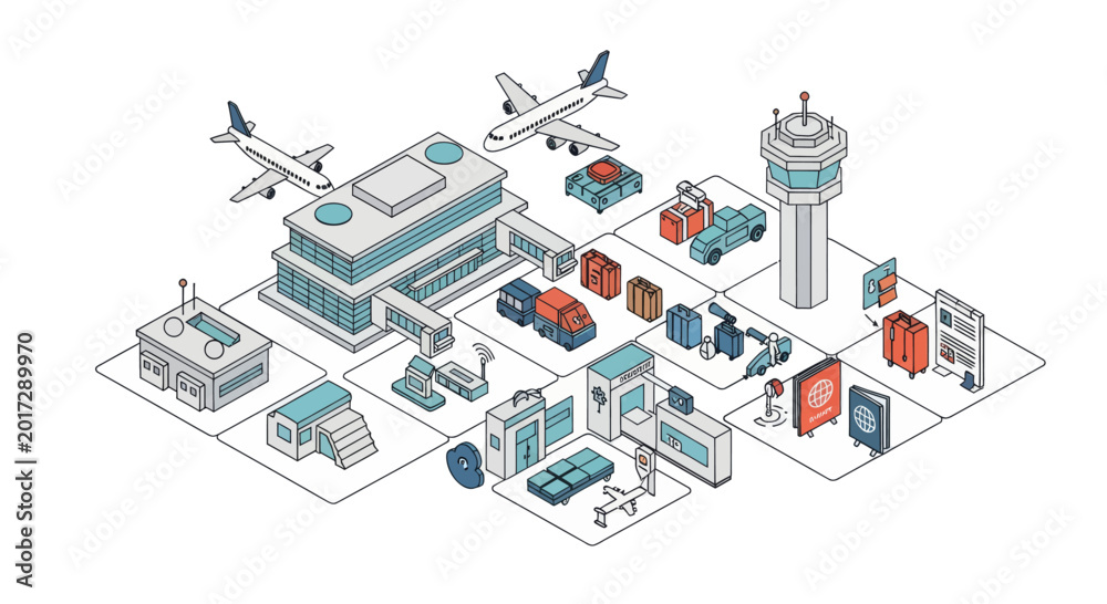Isometric illustration of an airport terminal with airplanes, control ...