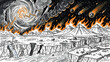 © boko - Apocalyptic landscape with burning mountains.